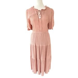 Sweet Wanderer Ballet Pink Crinkle Midi Dress Womens L Peasant Coquette Romantic